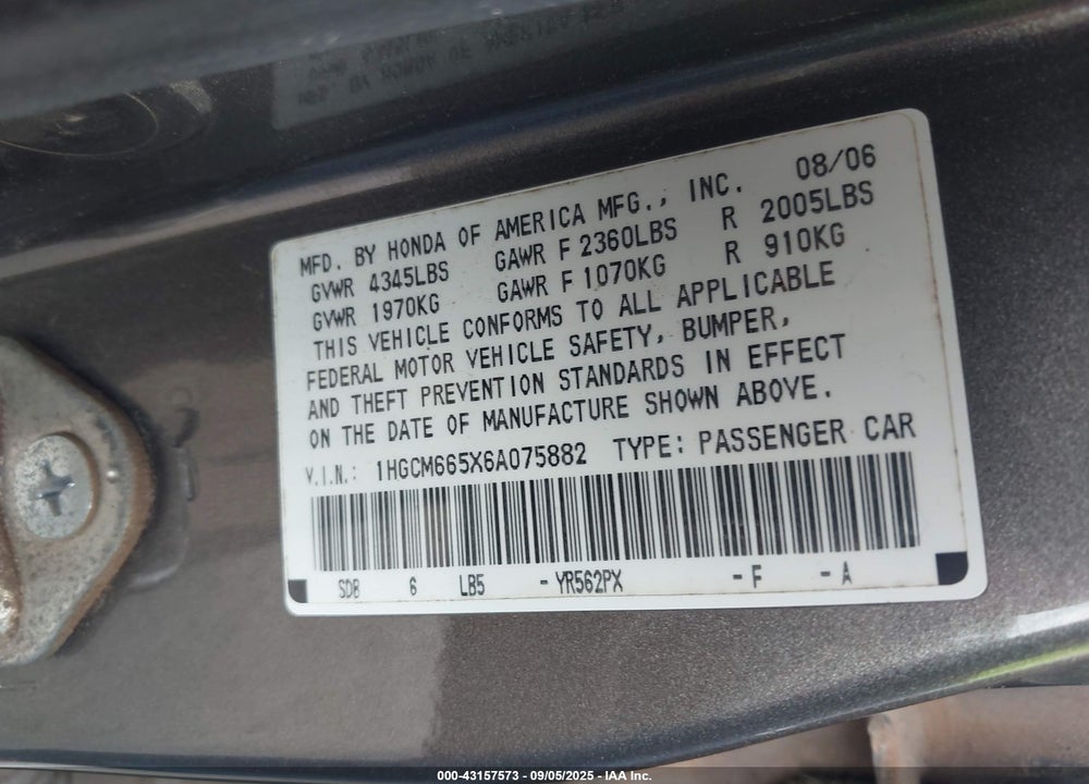 2006 HONDA ACCORD SDN EX-L V6 VIN: 1HGCM665X6A075882