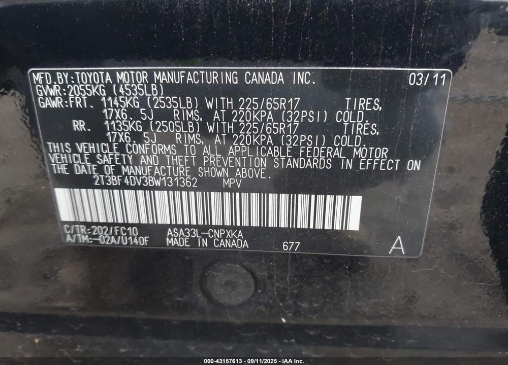 2011 TOYOTA RAV4 VIN: 2T3BF4DV3BW131362