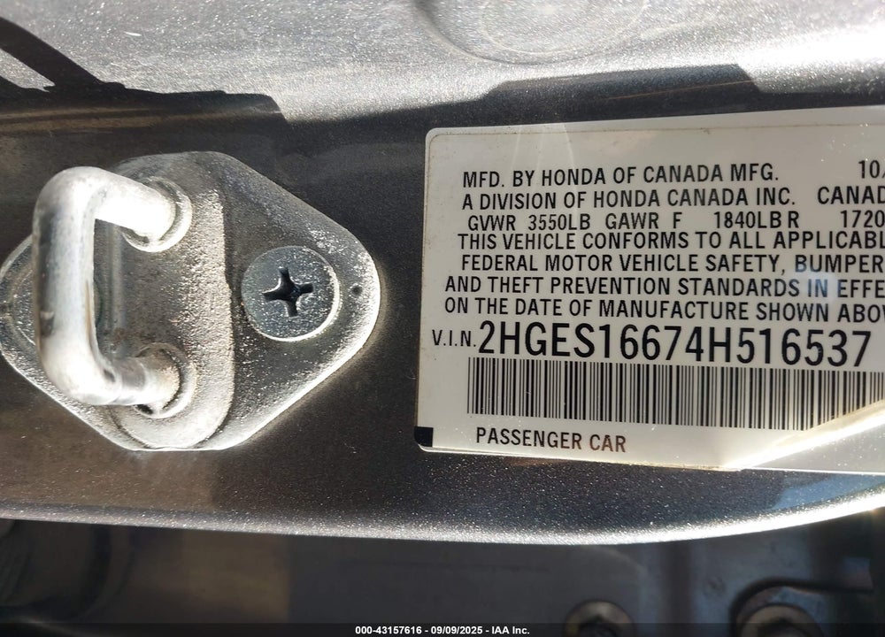 2004 HONDA CIVIC LX VIN: 2HGES16674H516537