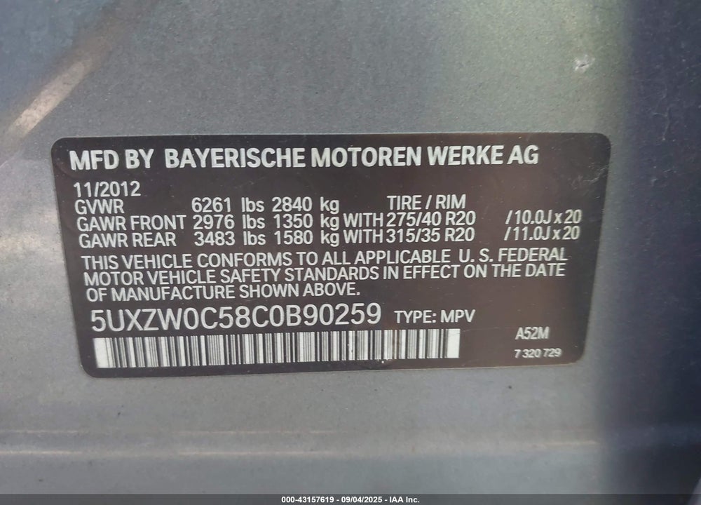 2012 BMW X5 VIN: 5UXZW0C58C0B90259