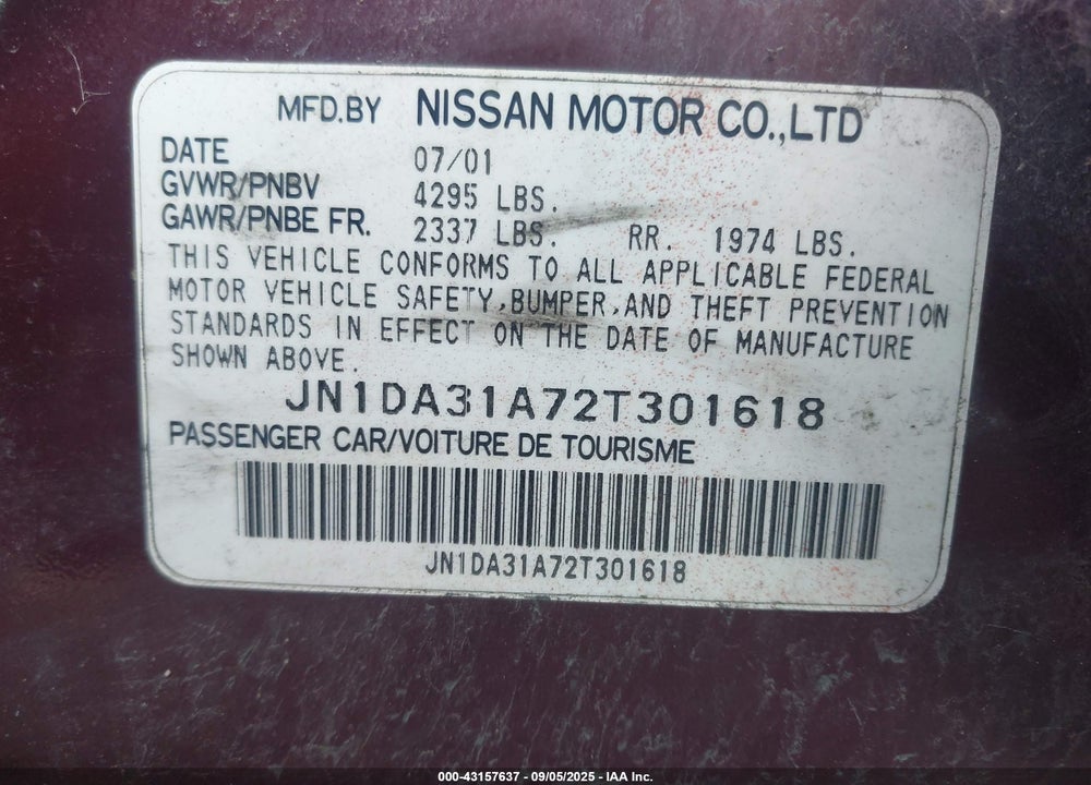 2002 NISSAN MAXIMA SE VIN: JN1DA31A72T301618