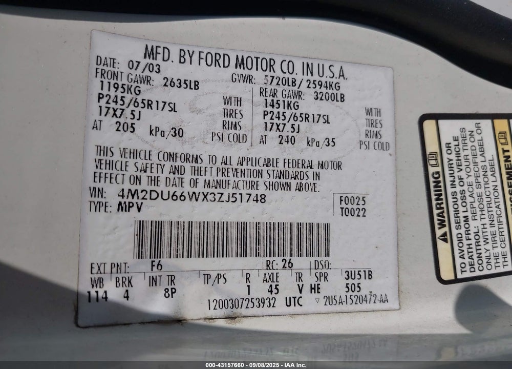2003 MERCURY MOUNTAINEER VIN: 4M2DU66WX3ZJ51748