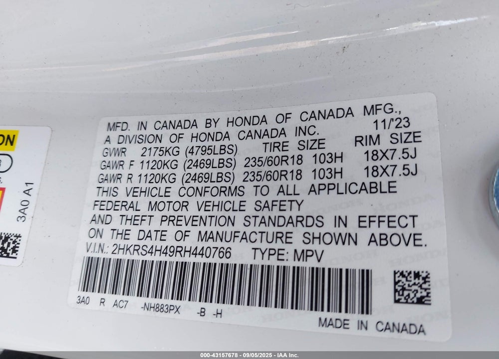 2024 HONDA CR-V VIN: 2HKRS4H49RH440766