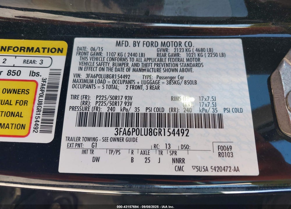 2016 FORD FUSION VIN: 3FA6P0LU8GR154492