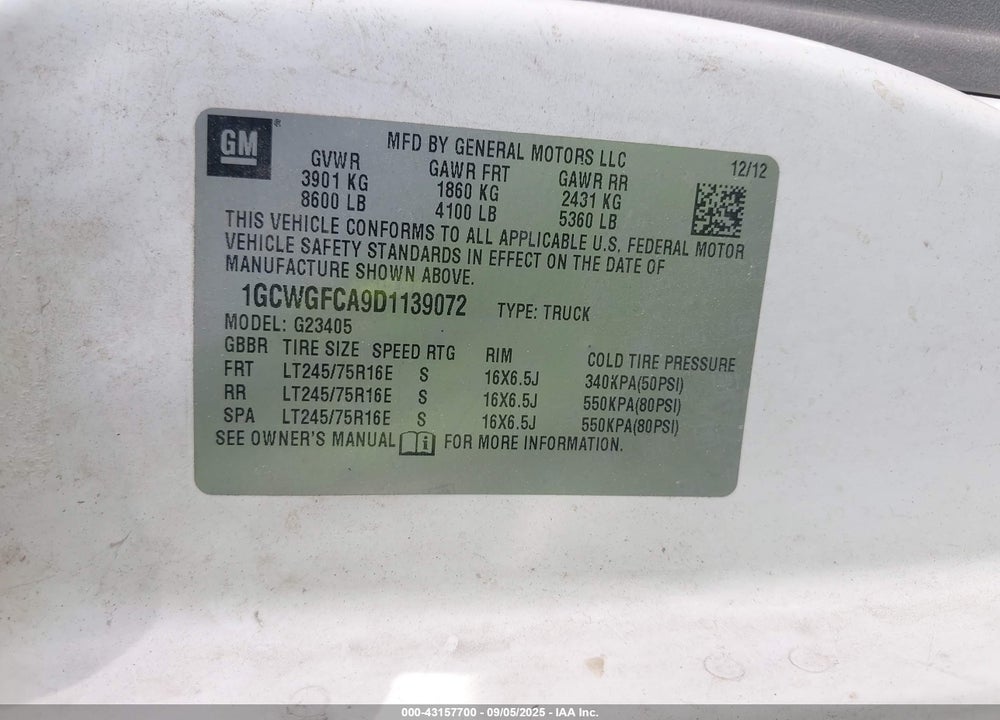 2013 CHEVROLET EXPRESS 2500 WORK VAN VIN: 1GCWGFCA9D1139072