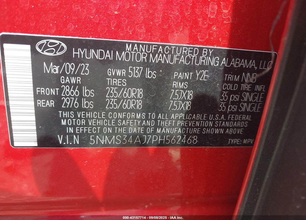 2023 HYUNDAI SANTA FE VIN: 5NMS34AJ7PH562468