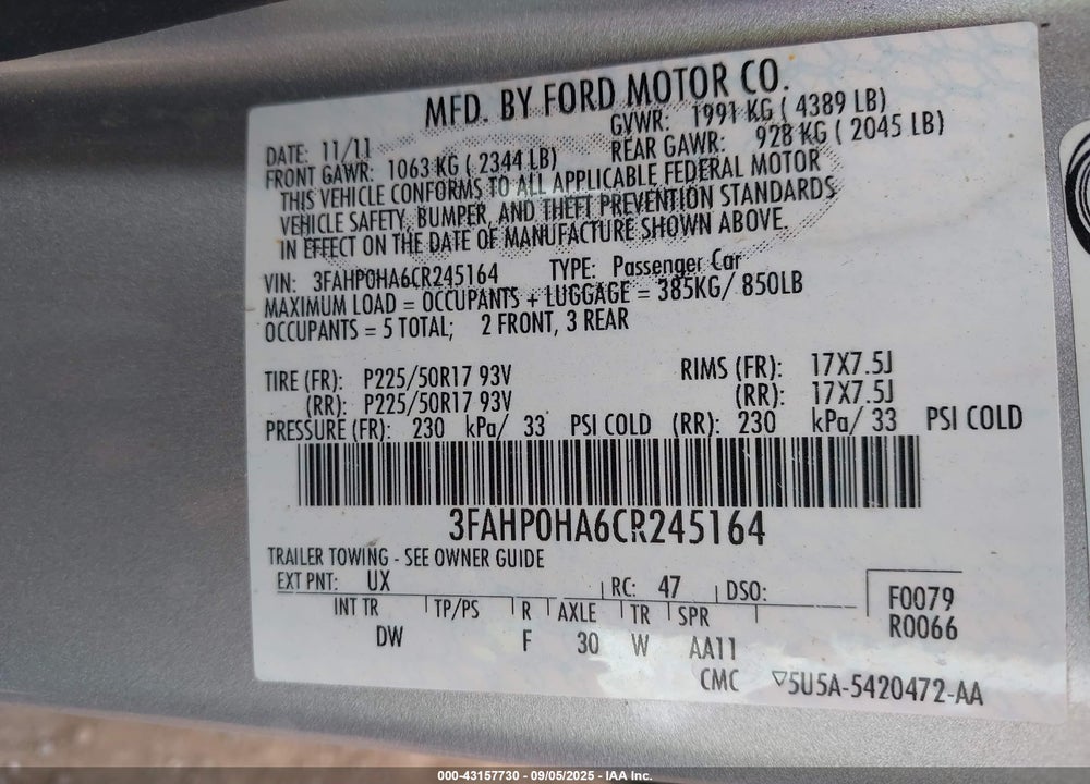 2012 FORD FUSION VIN: 3FAHP0HA6CR245164