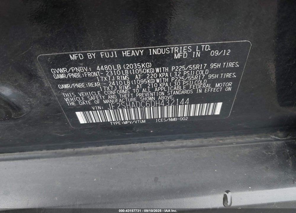 2013 SUBARU FORESTER VIN: JF2SHADC6DH432144