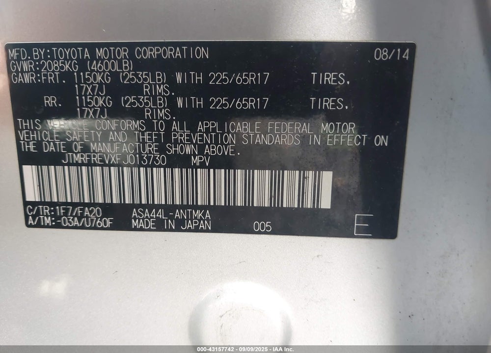 2015 TOYOTA RAV4 VIN: JTMRFREVXFJ013730