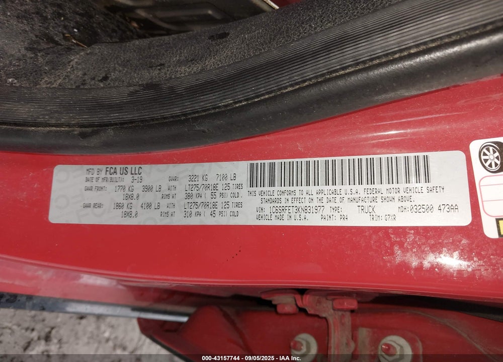 2019 RAM 1500 VIN: 1C6SRFET3KN831977