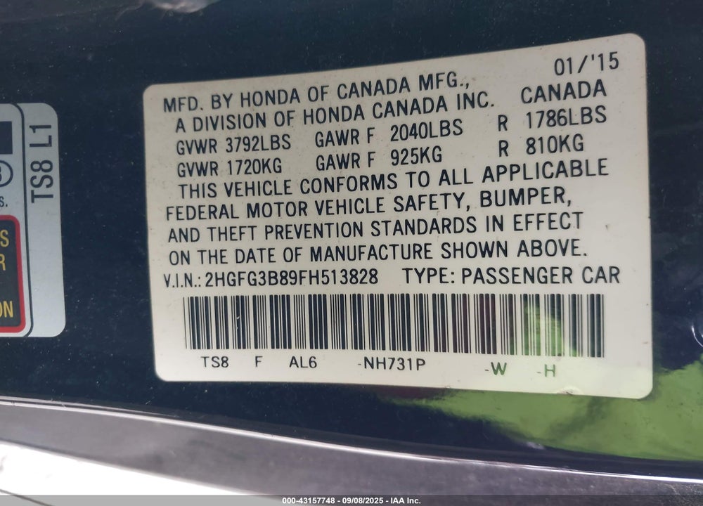 2015 HONDA CIVIC EX VIN: 2HGFG3B89FH513828