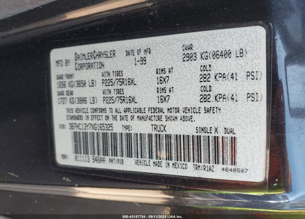 1999 DODGE RAM 1500 ST VIN: 3B7HC13Y7XG165325