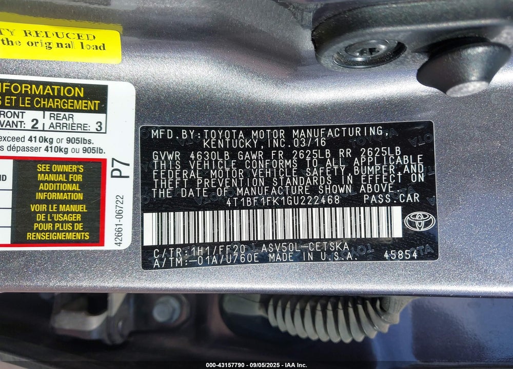 2016 TOYOTA CAMRY SE VIN: 4T1BF1FK1GU222468