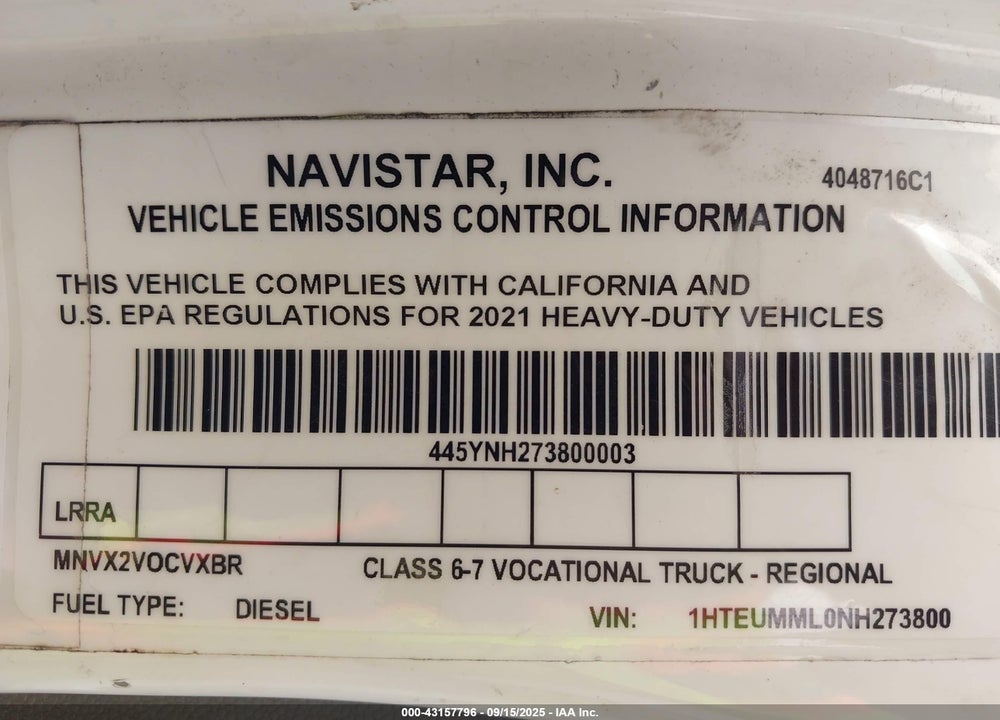 2022 INTERNATIONAL MV VIN: 1HTEUMML0NH273800
