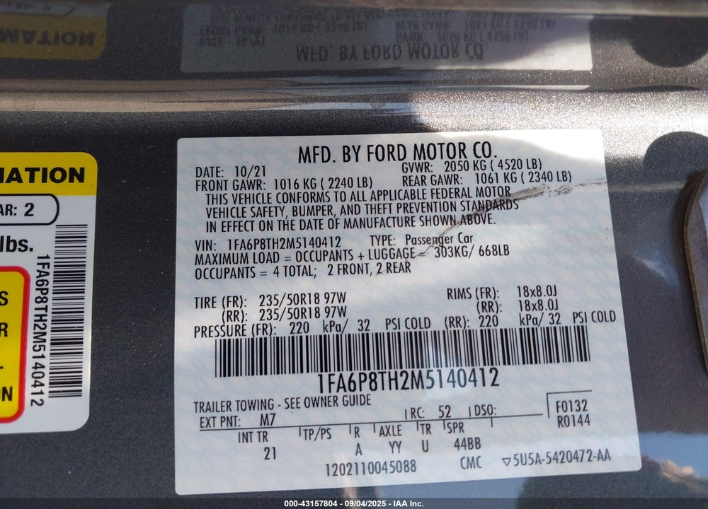 2021 FORD MUSTANG ECOBOOST FASTBACK VIN: 1FA6P8TH2M5140412