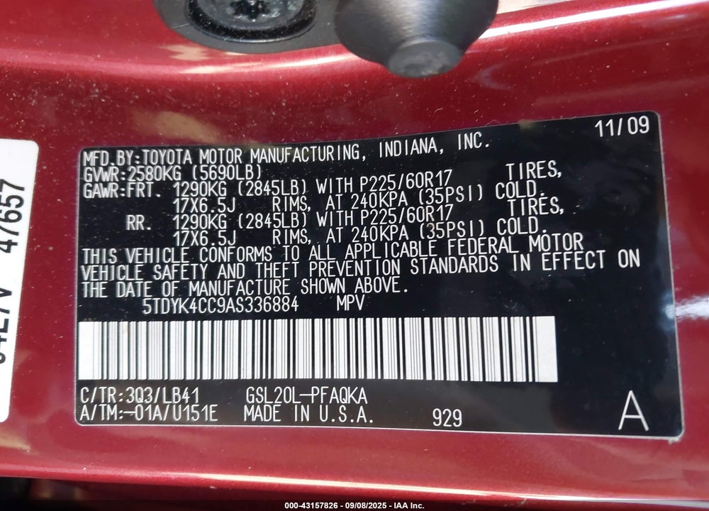 2010 TOYOTA SIENNA VIN: 5TDYK4CC9AS336884