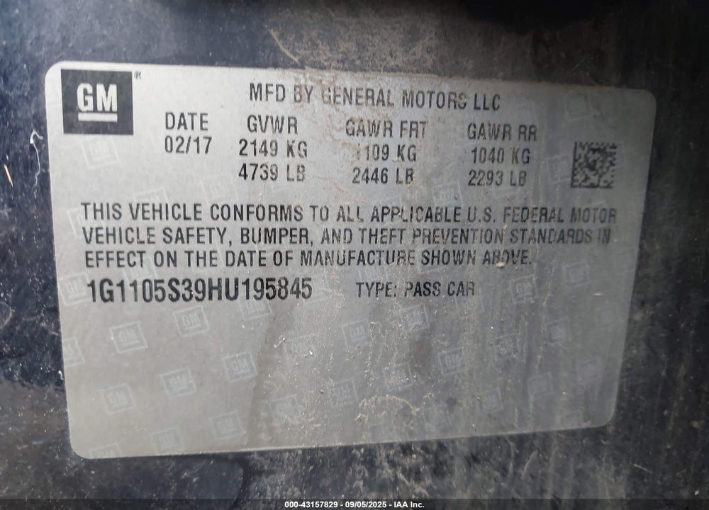 2017 CHEVROLET IMPALA VIN: 1G1105S39HU195845