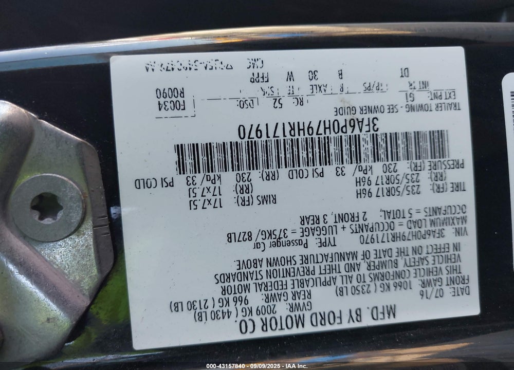 2017 FORD FUSION VIN: 3FA6P0H79HR171970