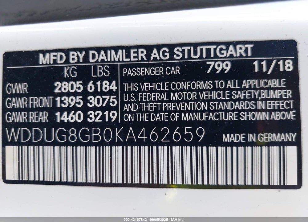 2019 MERCEDES-BENZ S CLASS VIN: WDDUG8GB0KA462659