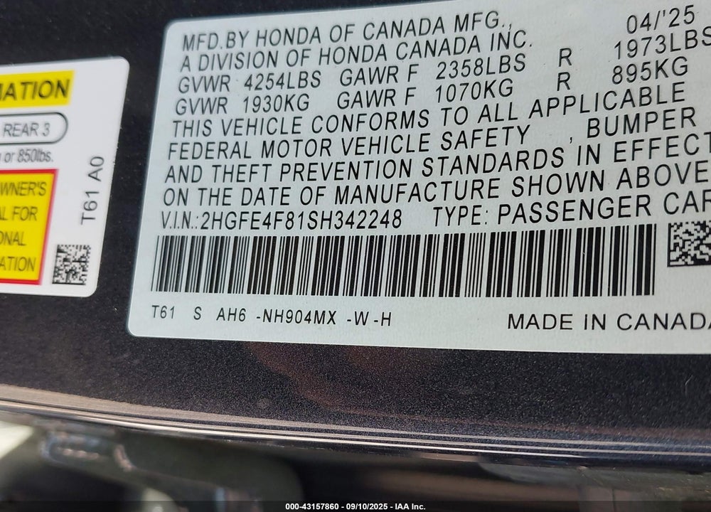 2025 HONDA CIVIC  HYBRID SPORT/SPORT TOURING VIN: 2HGFE4F81SH342248
