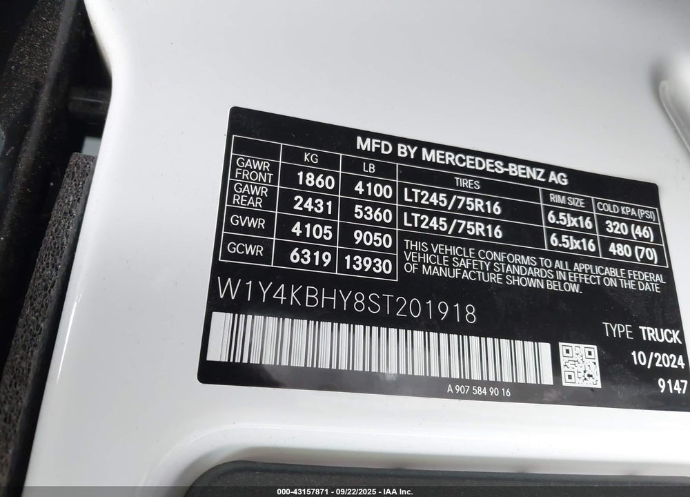 2025 MERCEDES-BENZ SPRINTER 2500 STANDARD ROOF 4-CYL DIESEL VIN: W1Y4KBHY8ST201918