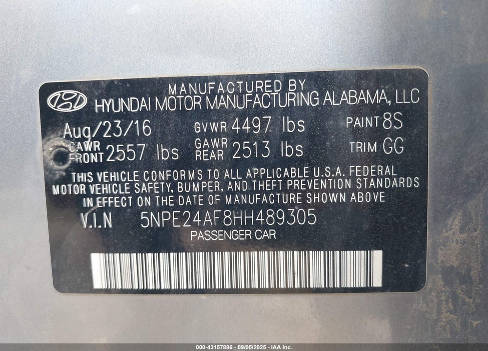 2017 HYUNDAI SONATA VIN: 5NPE24AF8HH489305