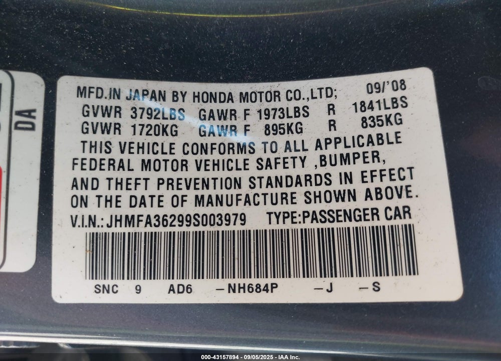 2009 HONDA CIVIC HYBRID VIN: JHMFA36299S003979