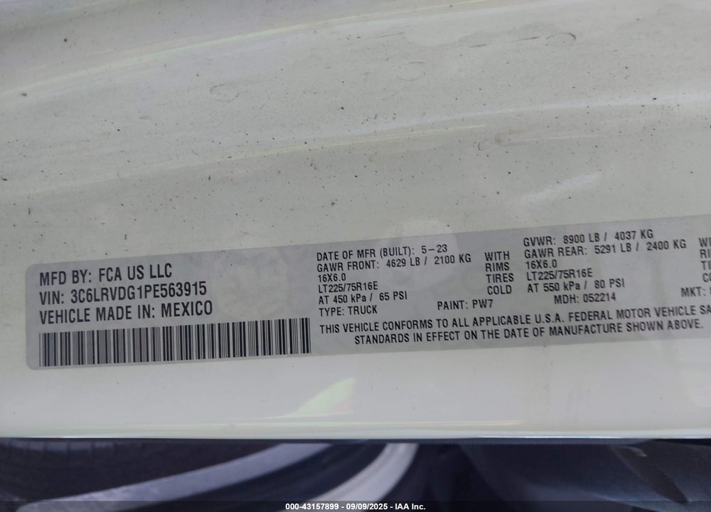 2023 RAM PROMASTER 2500 HIGH ROOF 159 WB VIN: 3C6LRVDG1PE563915