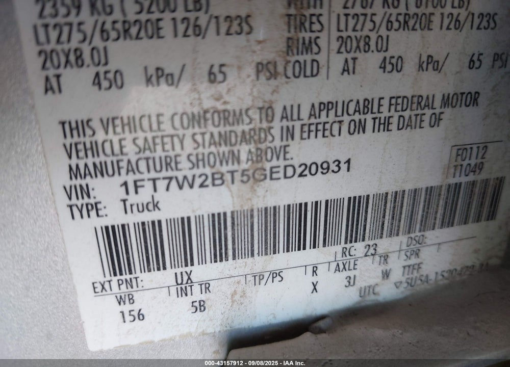 2016 FORD F-250 VIN: 1FT7W2BT5GED20931