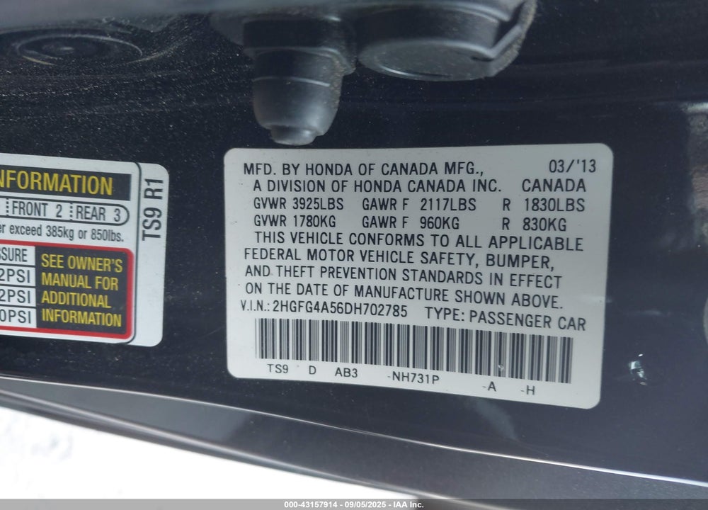 2013 HONDA CIVIC VIN: 2HGFG4A56DH702785