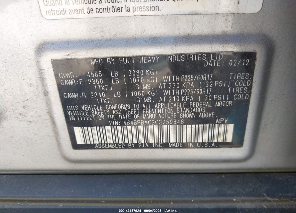 2012 SUBARU OUTBACK VIN: 4S4BRBAC2C3259848