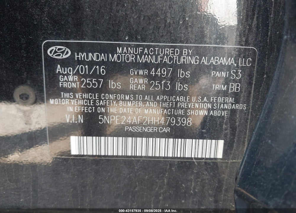2017 HYUNDAI SONATA SE VIN: 5NPE24AF2HH479398