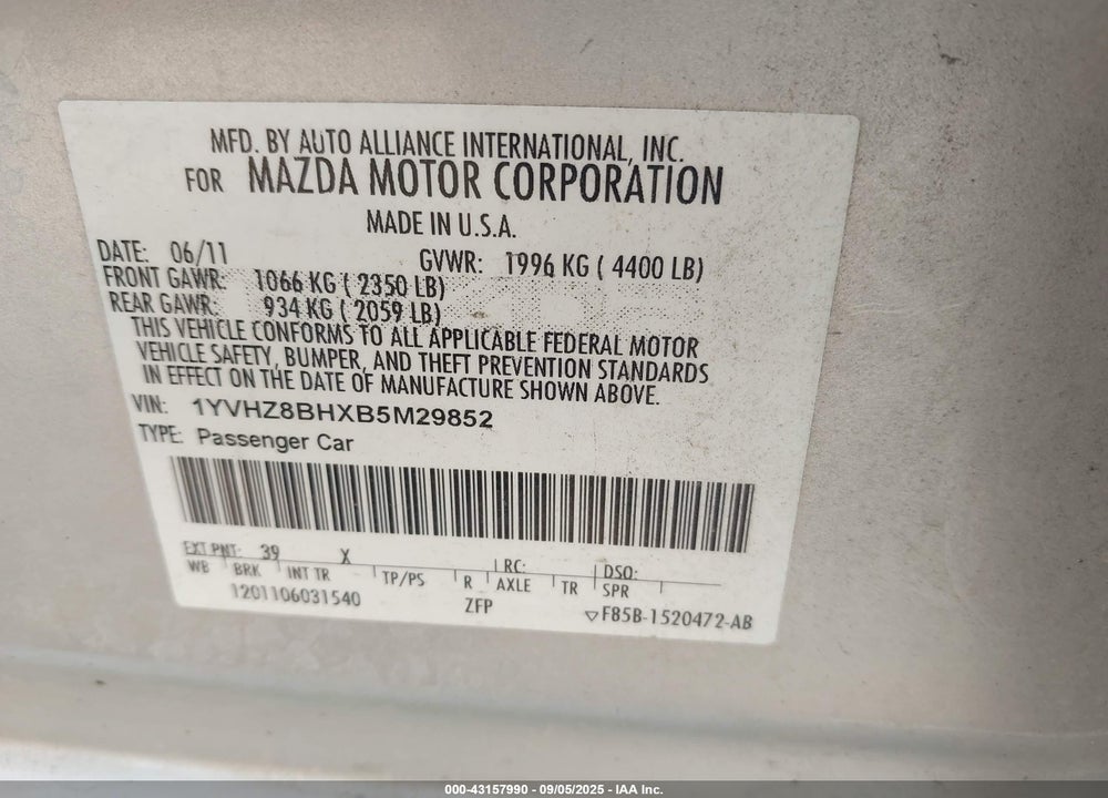 2011 MAZDA 6 VIN: 1YVHZ8BHXB5M29852