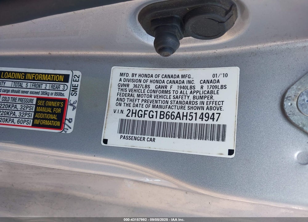 2010 HONDA CIVIC VIN: 2HGFG1B66AH514947