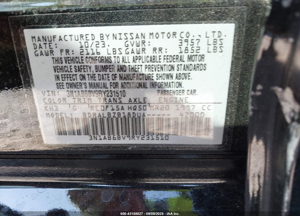 2024 NISSAN SENTRA VIN: 3N1AB8BV9RY231510
