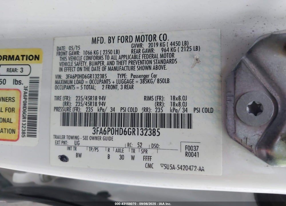 2016 FORD FUSION SE VIN: 3FA6P0HD6GR132385