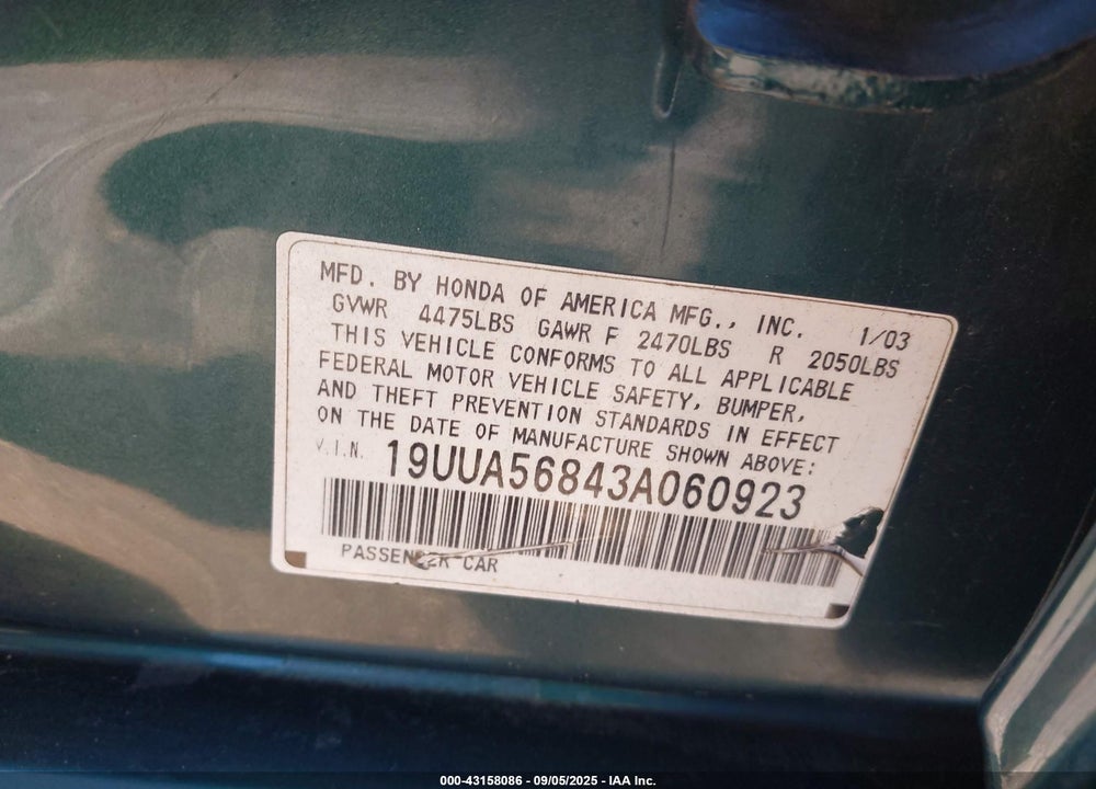 2003 ACURA TL 3.2 TYPE S VIN: 19UUA56843A060923