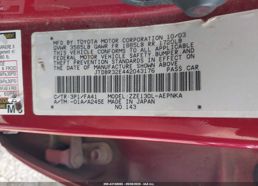 2004 TOYOTA COROLLA LE VIN: JTDBR32E442043176