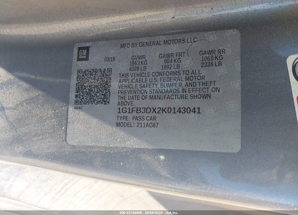 2019 CHEVROLET CAMARO 1LT VIN: 1G1FB3DX2K0143041