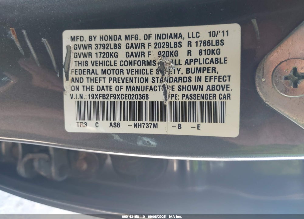 2012 HONDA CIVIC VIN: 19XFB2F9XCE020368