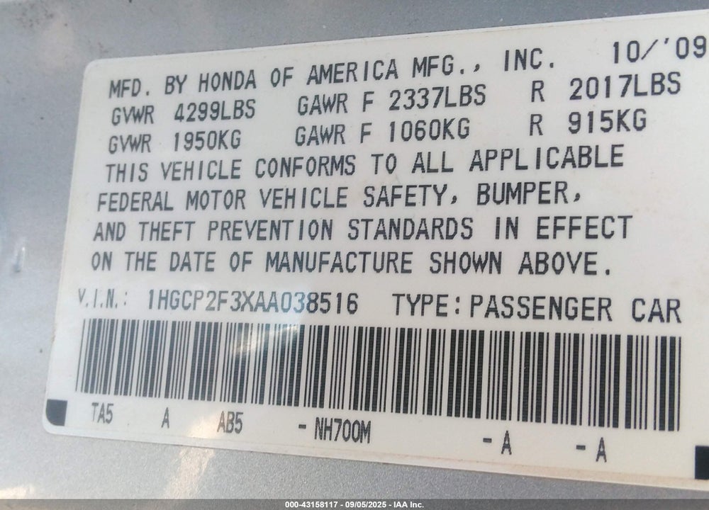 2010 HONDA ACCORD 2.4 LX VIN: 1HGCP2F3XAA038516