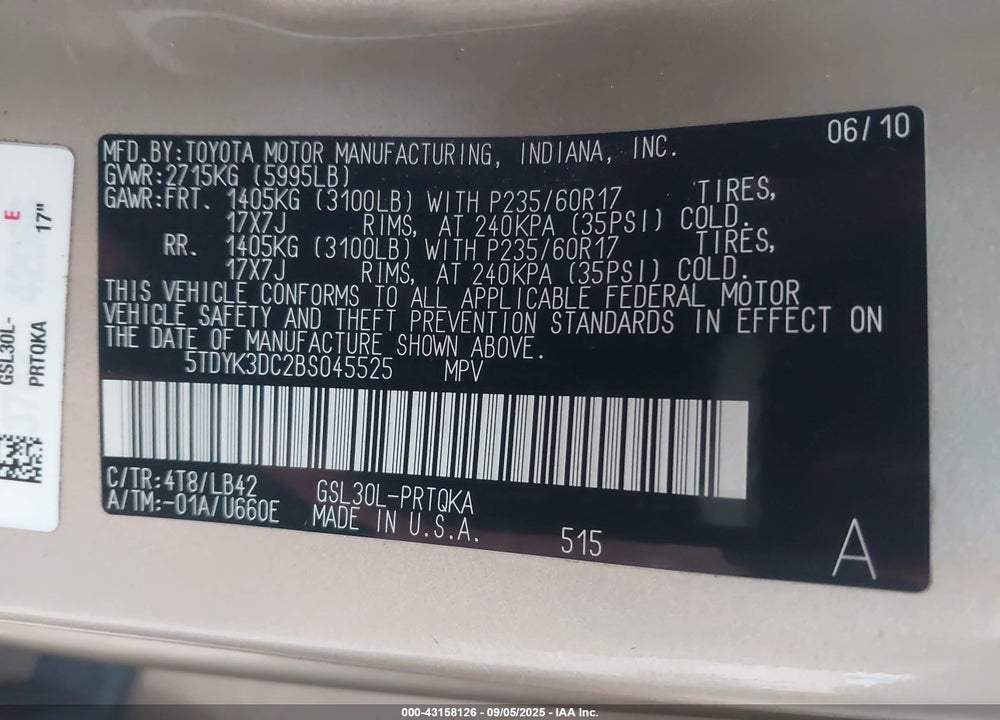 2011 TOYOTA SIENNA VIN: 5TDYK3DC2BS045525