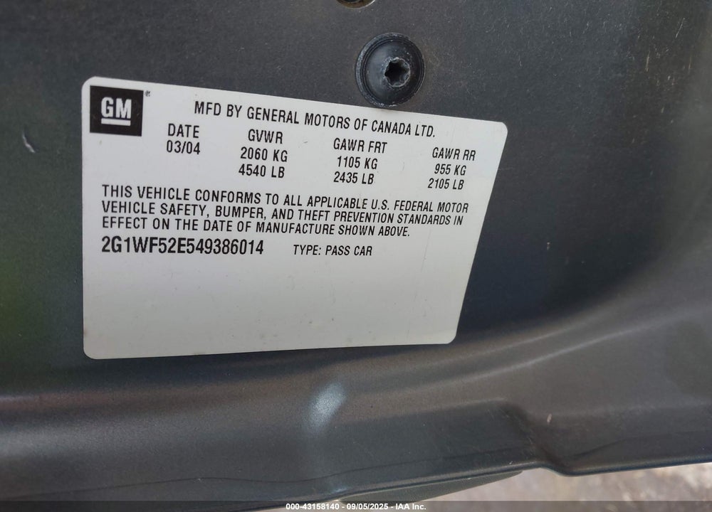 2004 CHEVROLET IMPALA VIN: 2G1WF52E549386014