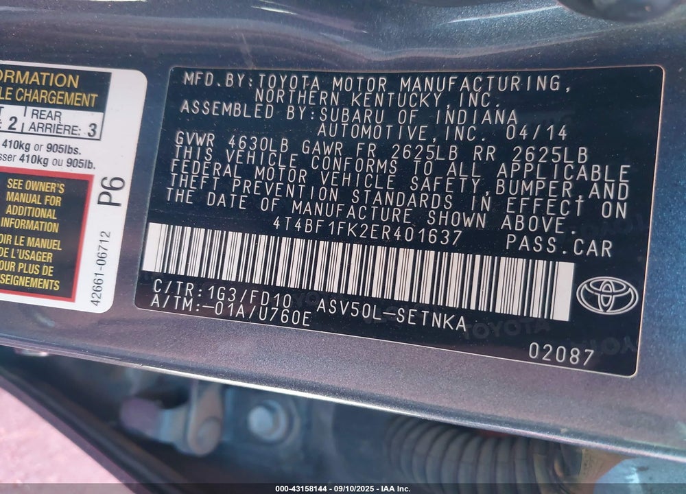 2014 TOYOTA CAMRY VIN: 4T4BF1FK2ER401637