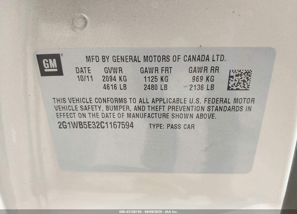2012 CHEVROLET IMPALA VIN: 2G1WB5E32C1167594