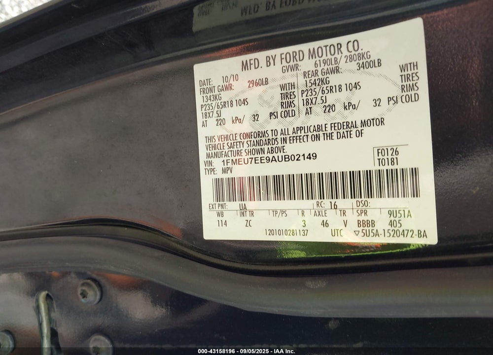 2010 FORD EXPLORER EDDIE BAUER VIN: 1FMEU7EE9AUB02149