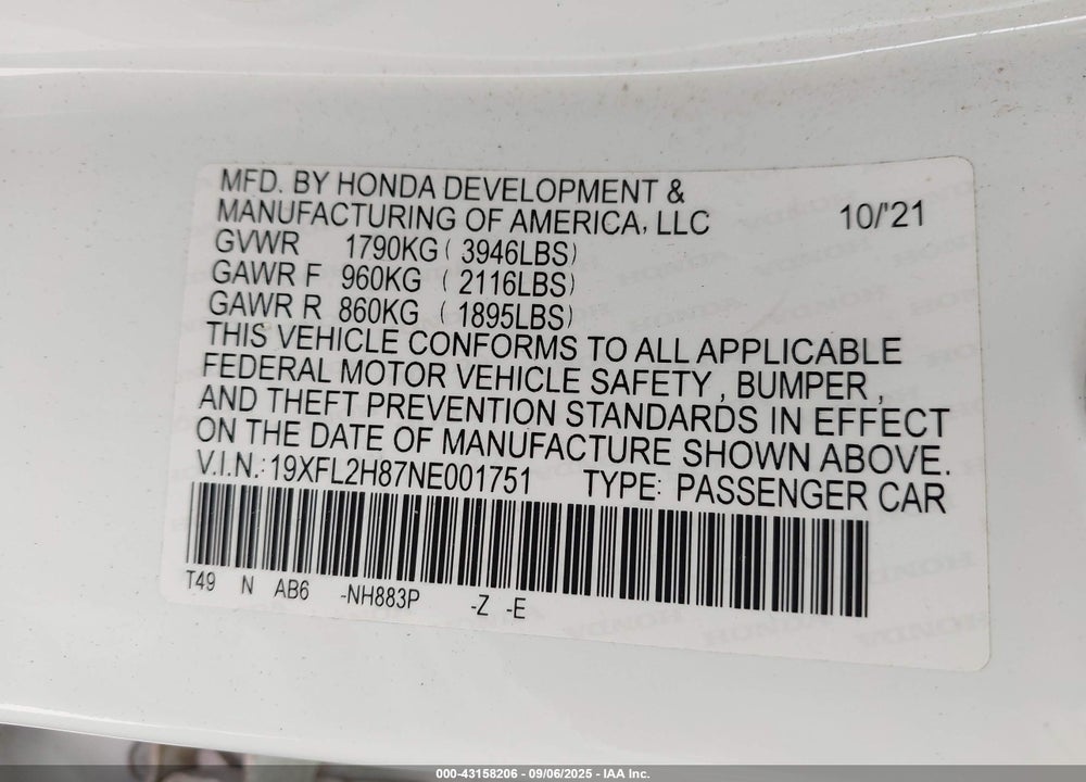 2022 HONDA CIVIC VIN: 19XFL2H87NE001751