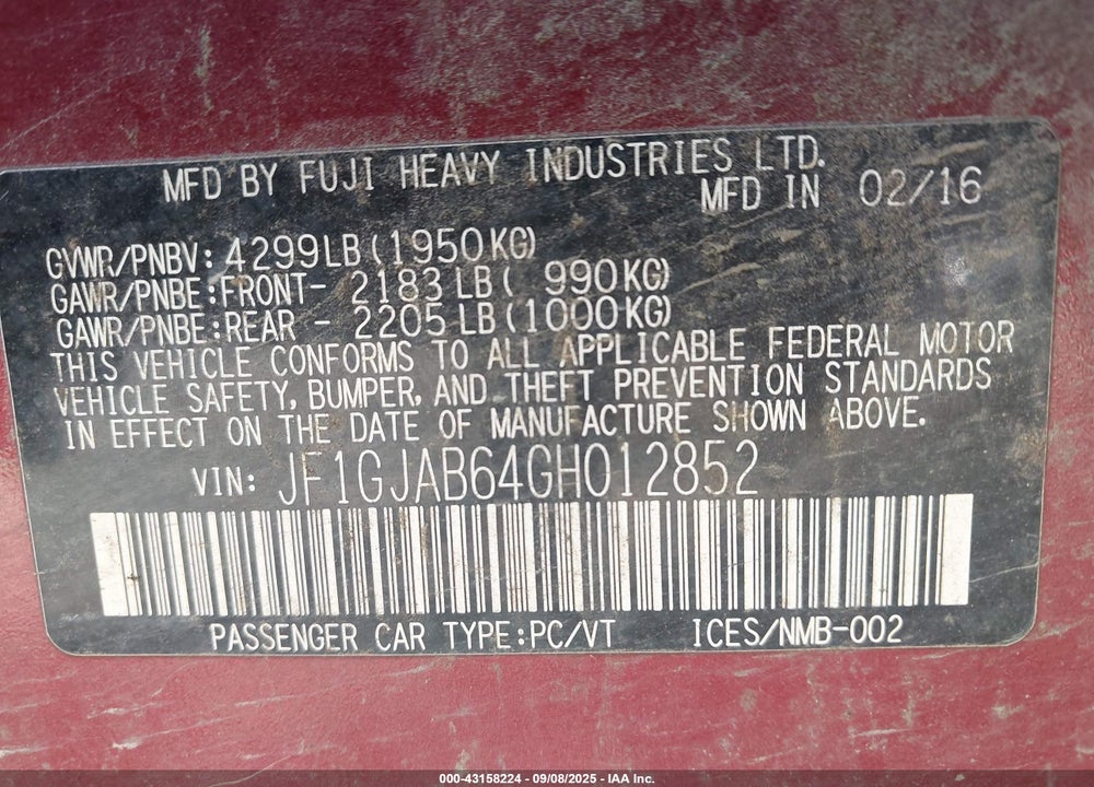 2016 SUBARU IMPREZA VIN: JF1GJAB64GH012852