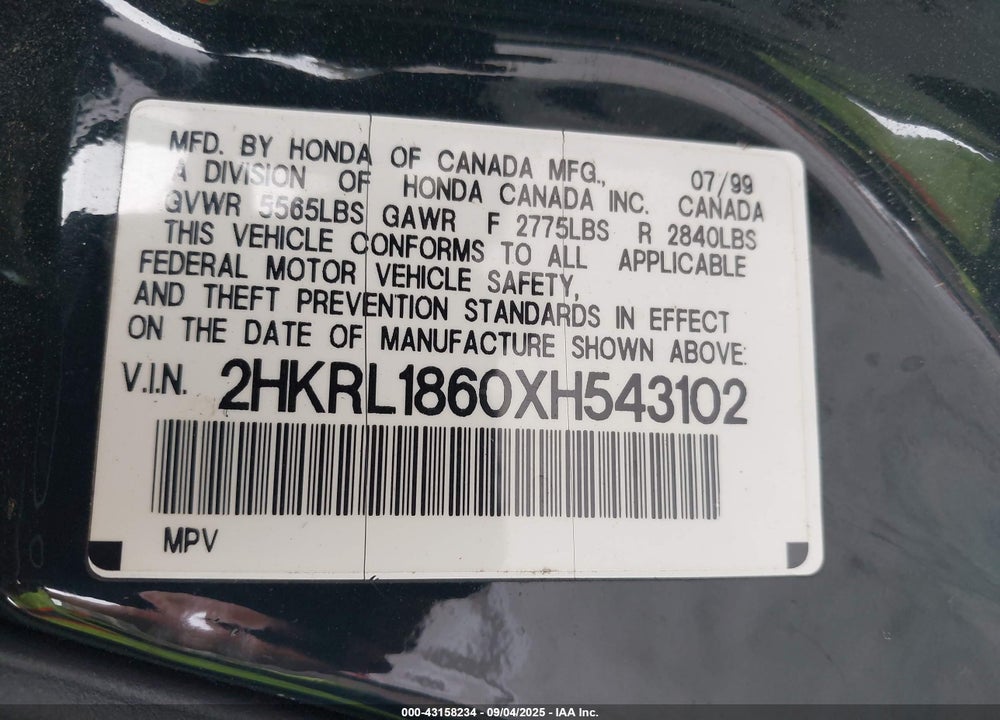 1999 HONDA ODYSSEY EX VIN: 2HKRL1860XH543102