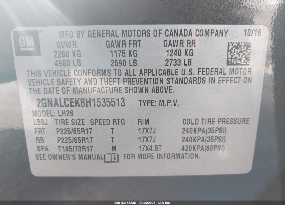 2017 CHEVROLET EQUINOX VIN: 2GNALCEK8H1535513